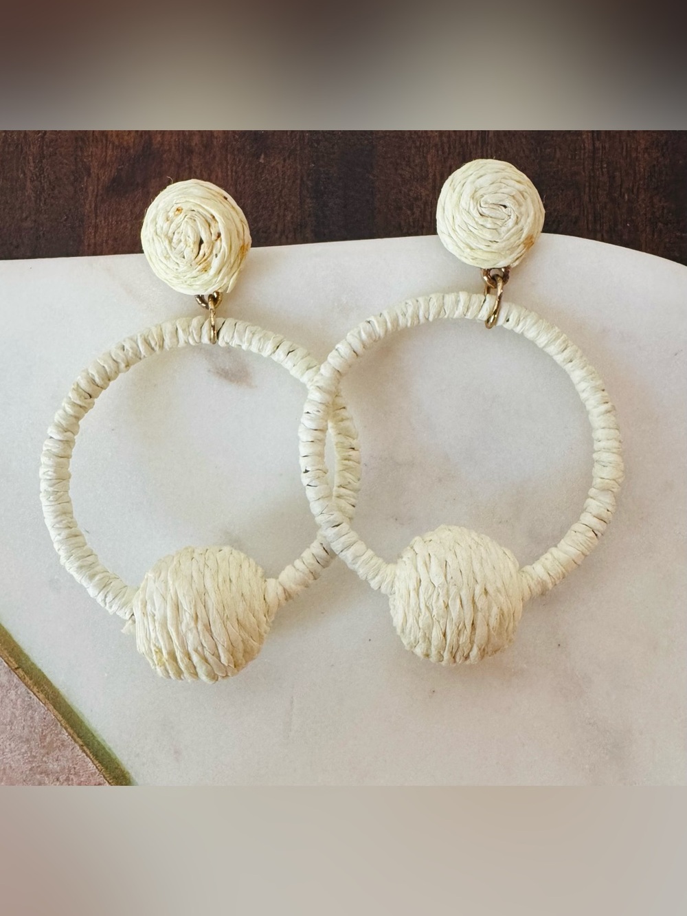 Cream Ivory Wrapped Oversized Hoop Statement Earrings Gold Tone